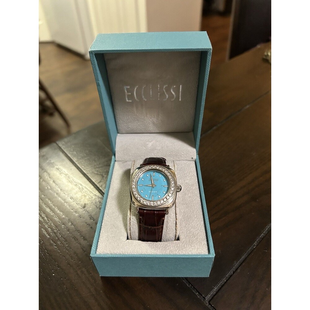 Ecclissi Sterling Silver Case Leather Strap Turquoise Face Watch NEW Battery